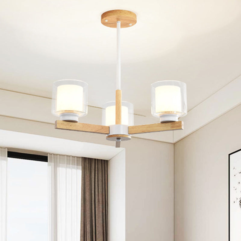 Cylinder Chandelier Lighting Fixtures Modern White Glass Suspension Light With Wooden Stand for Living Room Clearhalo 'Carpenter Chandeliers' 'Ceiling Lights' 'Chandeliers' 'Industrial' 'Modern Chandeliers' 'Modern' Lighting' 2569385