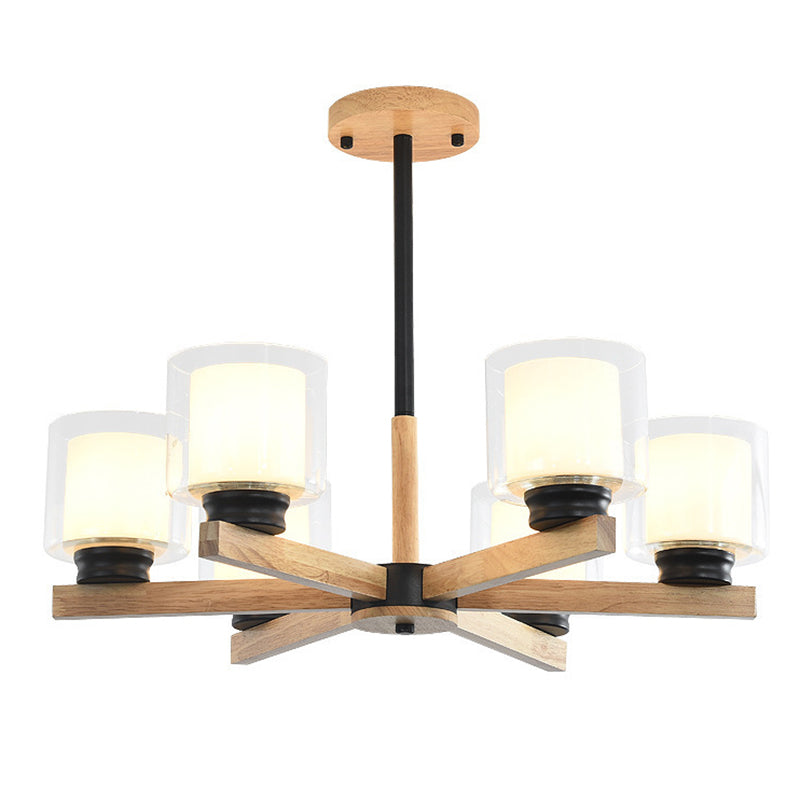 Cylinder Chandelier Lighting Fixtures Modern White Glass Suspension Light With Wooden Stand for Living Room Clearhalo 'Carpenter Chandeliers' 'Ceiling Lights' 'Chandeliers' 'Industrial' 'Modern Chandeliers' 'Modern' Lighting' 2569387