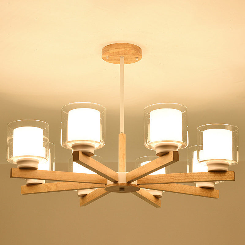 Cylinder Chandelier Lighting Fixtures Modern White Glass Suspension Light With Wooden Stand for Living Room 8 White Clearhalo 'Carpenter Chandeliers' 'Ceiling Lights' 'Chandeliers' 'Industrial' 'Modern Chandeliers' 'Modern' Lighting' 2569388