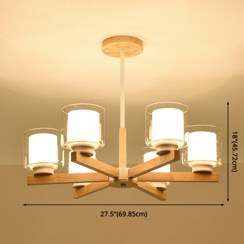 Cylinder Chandelier Lighting Fixtures Modern White Glass Suspension Light With Wooden Stand for Living Room Clearhalo 'Carpenter Chandeliers' 'Ceiling Lights' 'Chandeliers' 'Industrial' 'Modern Chandeliers' 'Modern' Lighting' 2569391