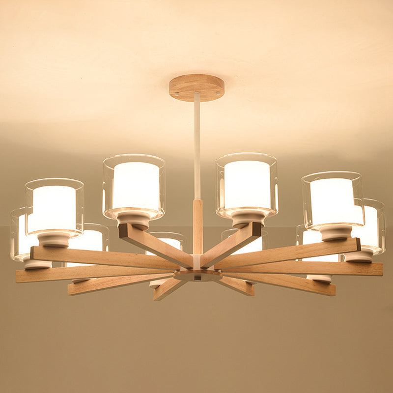 Cylinder Chandelier Lighting Fixtures Modern White Glass Suspension Light With Wooden Stand for Living Room 10 White Clearhalo 'Carpenter Chandeliers' 'Ceiling Lights' 'Chandeliers' 'Industrial' 'Modern Chandeliers' 'Modern' Lighting' 2569392