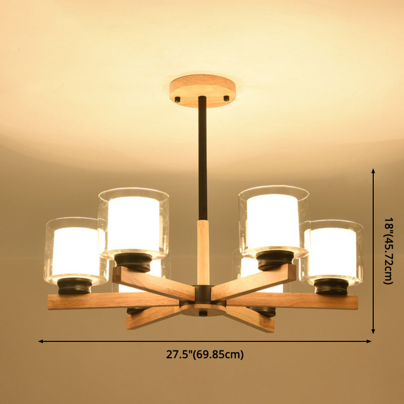 Cylinder Chandelier Lighting Fixtures Modern White Glass Suspension Light With Wooden Stand for Living Room Clearhalo 'Carpenter Chandeliers' 'Ceiling Lights' 'Chandeliers' 'Industrial' 'Modern Chandeliers' 'Modern' Lighting' 2569393