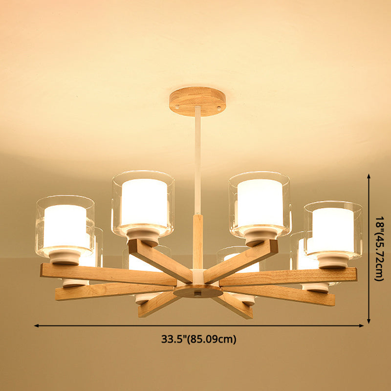 Cylinder Chandelier Lighting Fixtures Modern White Glass Suspension Light With Wooden Stand for Living Room Clearhalo 'Carpenter Chandeliers' 'Ceiling Lights' 'Chandeliers' 'Industrial' 'Modern Chandeliers' 'Modern' Lighting' 2569395