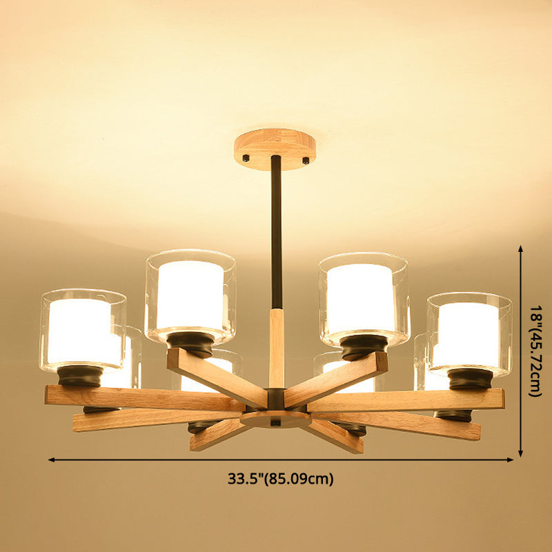 Cylinder Chandelier Lighting Fixtures Modern White Glass Suspension Light With Wooden Stand for Living Room Clearhalo 'Carpenter Chandeliers' 'Ceiling Lights' 'Chandeliers' 'Industrial' 'Modern Chandeliers' 'Modern' Lighting' 2569396