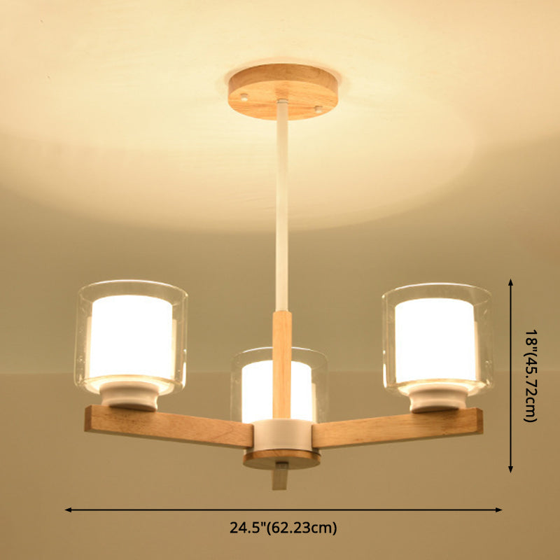 Cylinder Chandelier Lighting Fixtures Modern White Glass Suspension Light With Wooden Stand for Living Room Clearhalo 'Carpenter Chandeliers' 'Ceiling Lights' 'Chandeliers' 'Industrial' 'Modern Chandeliers' 'Modern' Lighting' 2569397