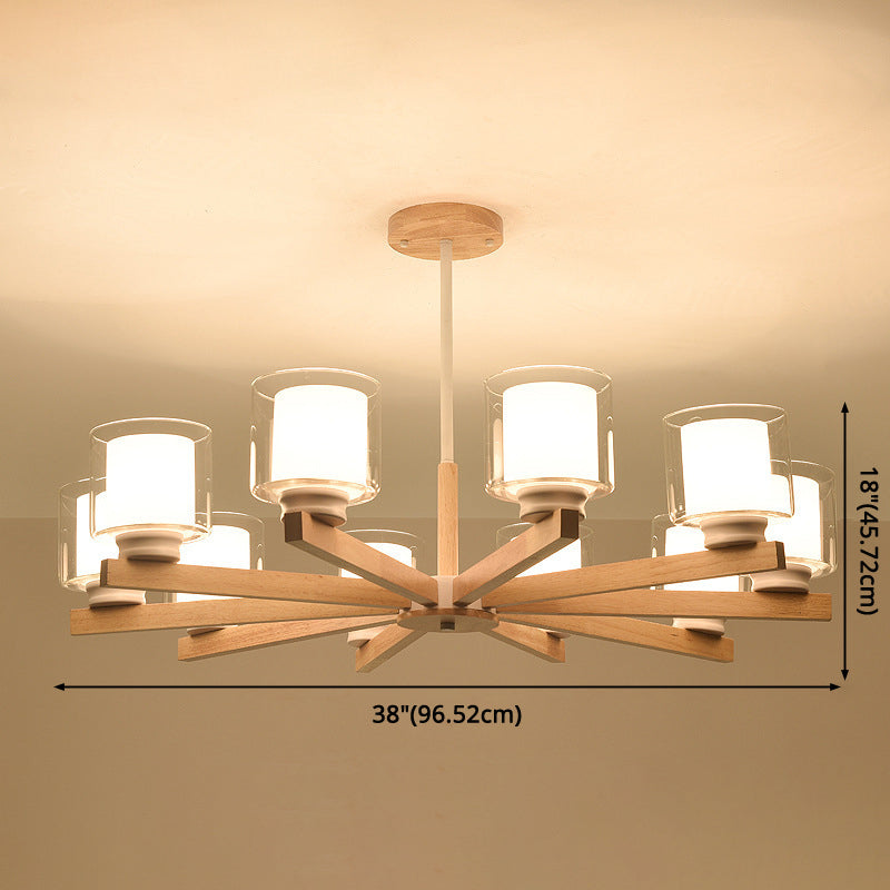 Cylinder Chandelier Lighting Fixtures Modern White Glass Suspension Light With Wooden Stand for Living Room Clearhalo 'Carpenter Chandeliers' 'Ceiling Lights' 'Chandeliers' 'Industrial' 'Modern Chandeliers' 'Modern' Lighting' 2569398