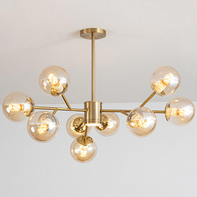 Globe Chandelier Pendant Light Contemporary Style Glass Hanging Light Fixtures for Living Room 9 Brass Clearhalo 'Ceiling Lights' 'Chandeliers' 'Modern Chandeliers' 'Modern' Lighting' 2569449