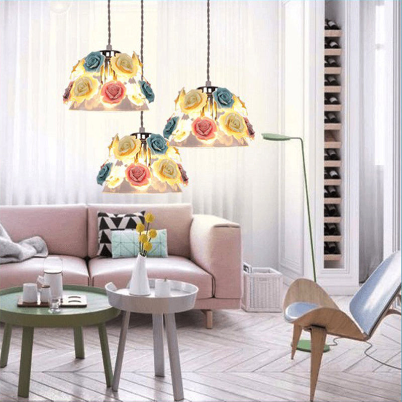 Modern Cone Pendant Ceiling Light Clear Glass 1 Head Living Room Hanging Lamp with Blue-Pink-Yellow Flower Ceramic Design Clearhalo 'Ceiling Lights' 'Glass shade' 'Glass' 'Modern Pendants' 'Modern' 'Pendant Lights' 'Pendants' Lighting' 256967