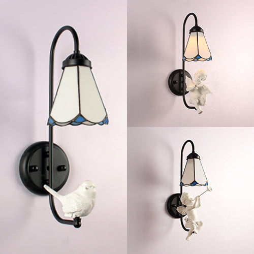 White Glass Cone Sconce Light Tiffany 1 Head Black Wall Mount Light with Trumpet/Violin/Bird Decoration Clearhalo 'Industrial' 'Middle century wall lights' 'Tiffany wall lights' 'Tiffany' 'Wall Lamps & Sconces' 'Wall Lights' Lighting' 25717
