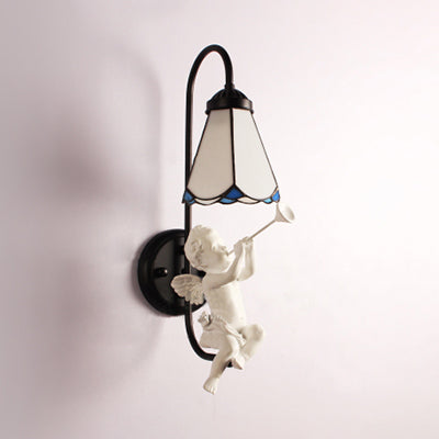 White Glass Cone Sconce Light Tiffany 1 Head Black Wall Mount Light with Trumpet/Violin/Bird Decoration White Trumpet Clearhalo 'Industrial' 'Middle century wall lights' 'Tiffany wall lights' 'Tiffany' 'Wall Lamps & Sconces' 'Wall Lights' Lighting' 25718
