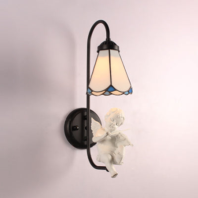White Glass Cone Sconce Light Tiffany 1 Head Black Wall Mount Light with Trumpet/Violin/Bird Decoration White Violin Clearhalo 'Industrial' 'Middle century wall lights' 'Tiffany wall lights' 'Tiffany' 'Wall Lamps & Sconces' 'Wall Lights' Lighting' 25719
