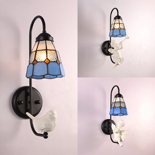 1 Head Cone Sconce Lighting Mediterranean Blue Stained Glass Wall Mounted Light with Trumpet/Violin/Bird Decoration Clearhalo 'Industrial' 'Middle century wall lights' 'Tiffany wall lights' 'Tiffany' 'Wall Lamps & Sconces' 'Wall Lights' Lighting' 25734