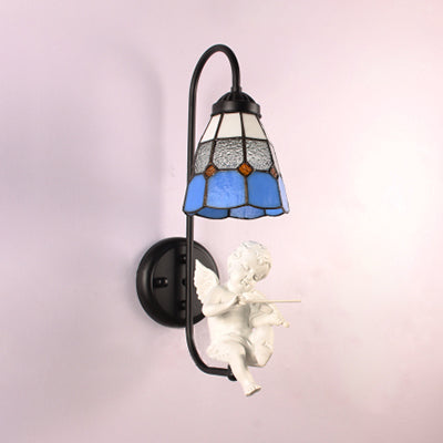 1 Head Cone Sconce Lighting Mediterranean Blue Stained Glass Wall Mounted Light with Trumpet/Violin/Bird Decoration Blue Violin Clearhalo 'Industrial' 'Middle century wall lights' 'Tiffany wall lights' 'Tiffany' 'Wall Lamps & Sconces' 'Wall Lights' Lighting' 25736