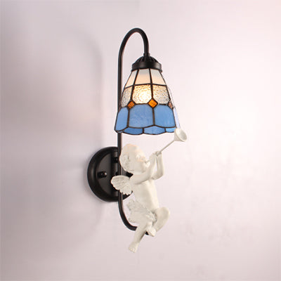 1 Head Cone Sconce Lighting Mediterranean Blue Stained Glass Wall Mounted Light with Trumpet/Violin/Bird Decoration Blue Trumpet Clearhalo 'Industrial' 'Middle century wall lights' 'Tiffany wall lights' 'Tiffany' 'Wall Lamps & Sconces' 'Wall Lights' Lighting' 25737