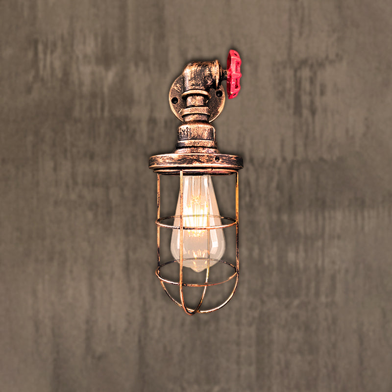 Wire Frame Corridor Wall Sconce Iron 1 Head Farmhouse Wall Lighting Fixture with Red Valve Design in Antique Brass/Black Antique Brass Clearhalo 'Art deco wall lights' 'Cast Iron' 'Glass' 'Industrial wall lights' 'Industrial' 'Middle century wall lights' 'Modern' 'Rustic wall lights' 'Tiffany' 'Traditional wall lights' 'Wall Lamps & Sconces' 'Wall Lights' Lighting' 257407