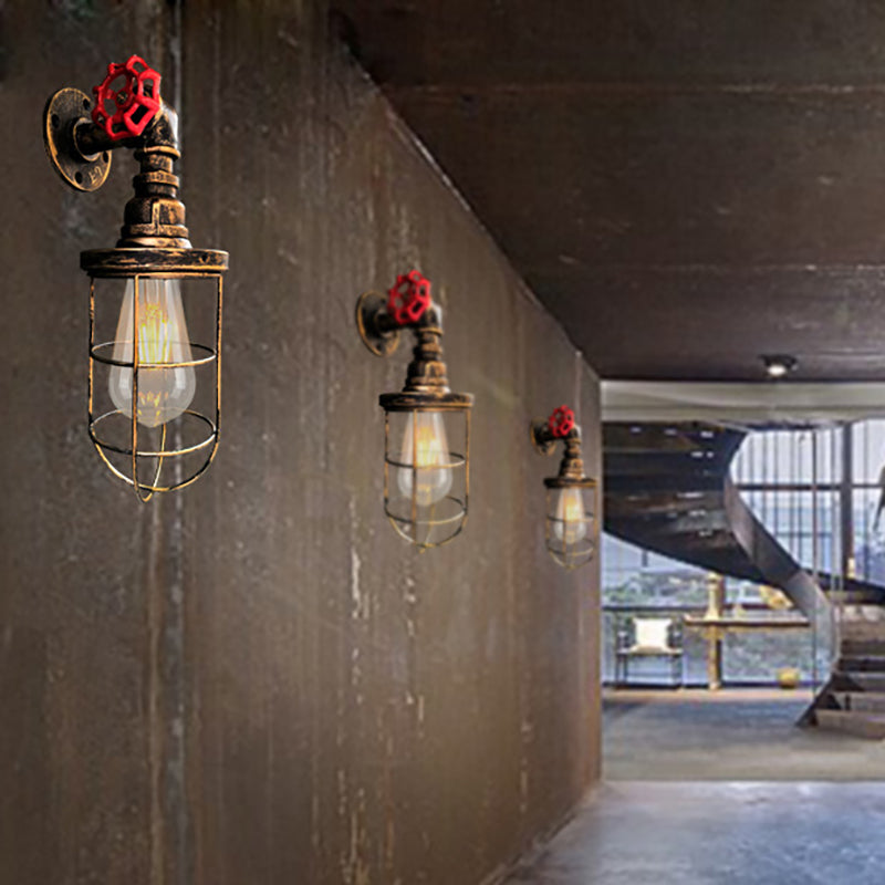 Wire Frame Corridor Wall Sconce Iron 1 Head Farmhouse Wall Lighting Fixture with Red Valve Design in Antique Brass/Black Clearhalo 'Art deco wall lights' 'Cast Iron' 'Glass' 'Industrial wall lights' 'Industrial' 'Middle century wall lights' 'Modern' 'Rustic wall lights' 'Tiffany' 'Traditional wall lights' 'Wall Lamps & Sconces' 'Wall Lights' Lighting' 257409