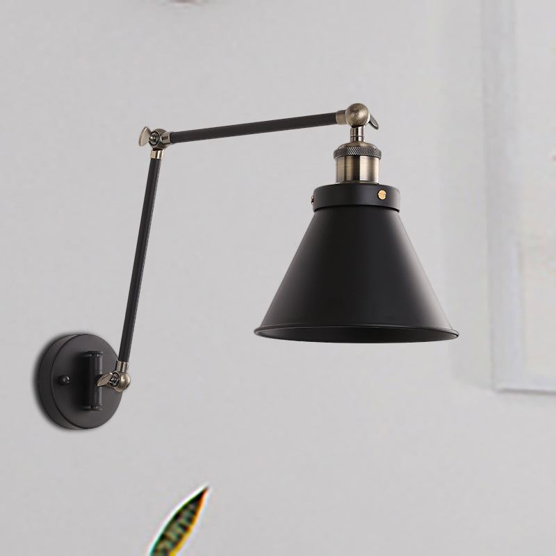 Cone Wall Lighting Fixture Industrial Style Metal 1 Bulb Black/White Wall Sconce Light with Swing Arm for Bedroom Clearhalo 'Art deco wall lights' 'Cast Iron' 'Glass' 'Industrial wall lights' 'Industrial' 'Middle century wall lights' 'Modern' 'Rustic wall lights' 'Tiffany' 'Traditional wall lights' 'Wall Lamps & Sconces' 'Wall Lights' Lighting' 257449