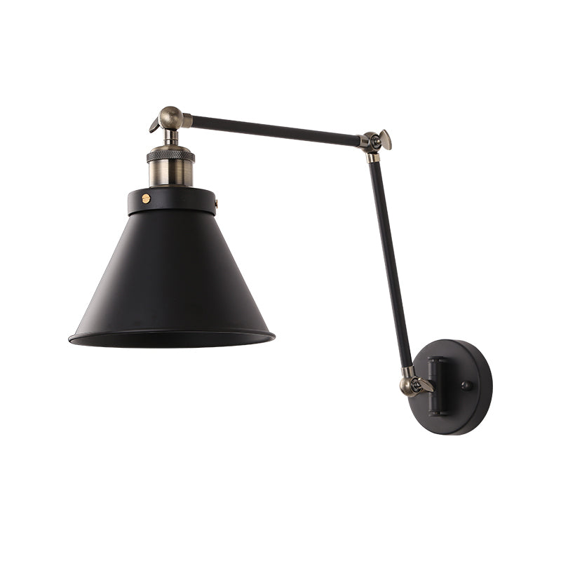 Cone Wall Lighting Fixture Industrial Style Metal 1 Bulb Black/White Wall Sconce Light with Swing Arm for Bedroom Clearhalo 'Art deco wall lights' 'Cast Iron' 'Glass' 'Industrial wall lights' 'Industrial' 'Middle century wall lights' 'Modern' 'Rustic wall lights' 'Tiffany' 'Traditional wall lights' 'Wall Lamps & Sconces' 'Wall Lights' Lighting' 257452