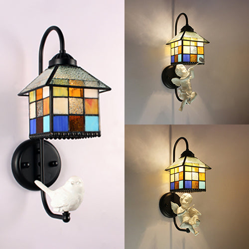 House Stained Glass Sconce Light Baroque 1 Head Black Wall Mounted Light with Boy/Bird/Angel Decoration Clearhalo 'Industrial' 'Middle century wall lights' 'Tiffany wall lights' 'Tiffany' 'Wall Lamps & Sconces' 'Wall Lights' Lighting' 25746