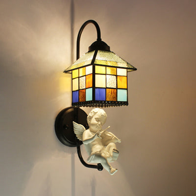 House Stained Glass Sconce Light Baroque 1 Head Black Wall Mounted Light with Boy/Bird/Angel Decoration Black Angel Clearhalo 'Industrial' 'Middle century wall lights' 'Tiffany wall lights' 'Tiffany' 'Wall Lamps & Sconces' 'Wall Lights' Lighting' 25747