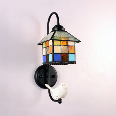 House Stained Glass Sconce Light Baroque 1 Head Black Wall Mounted Light with Boy/Bird/Angel Decoration Black Bird Clearhalo 'Industrial' 'Middle century wall lights' 'Tiffany wall lights' 'Tiffany' 'Wall Lamps & Sconces' 'Wall Lights' Lighting' 25748
