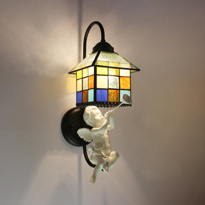 House Stained Glass Sconce Light Baroque 1 Head Black Wall Mounted Light with Boy/Bird/Angel Decoration Black Boy Clearhalo 'Industrial' 'Middle century wall lights' 'Tiffany wall lights' 'Tiffany' 'Wall Lamps & Sconces' 'Wall Lights' Lighting' 25749