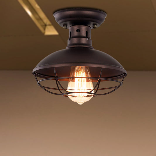 Barn Shade Kitchen Semi Mount Light Wrought Iron 1 Head Ceiling Flush Mount with Wire Guard in Antique Bronze/Bronze Bronze Clearhalo 'Ceiling Lights' 'Close To Ceiling Lights' 'Close to ceiling' 'Semi-flushmount' Lighting' 257534