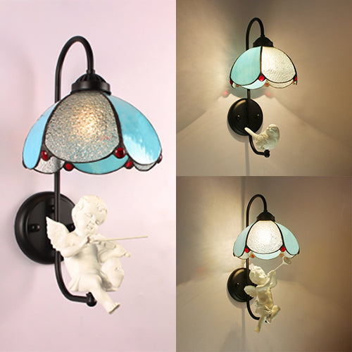 Blue Petal Wall Light Fixture Tiffany 1 Head Stained Glass Sconce Light with Bird/Trumpet/Violin Decoration Clearhalo 'Industrial' 'Middle century wall lights' 'Tiffany wall lights' 'Tiffany' 'Wall Lamps & Sconces' 'Wall Lights' Lighting' 25763