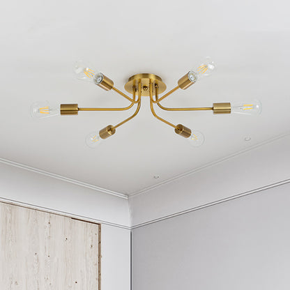 Industrial Style Branch Semi Mount Lighting Metallic 6 Lights Ceiling Flush Mount with Exposed Bulb in Brass/Nickel Gold Clearhalo 'Ceiling Lights' 'Close To Ceiling Lights' 'Close to ceiling' 'Semi-flushmount' Lighting' 257636