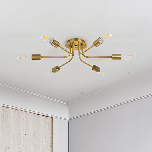 Industrial Style Branch Semi Mount Lighting Metallic 6 Lights Ceiling Flush Mount with Exposed Bulb in Brass/Nickel Gold Clearhalo 'Ceiling Lights' 'Close To Ceiling Lights' 'Close to ceiling' 'Semi-flushmount' Lighting' 257636
