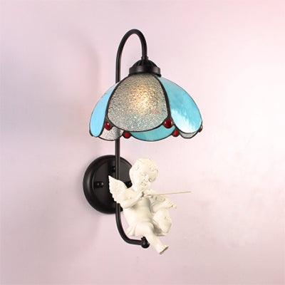 Blue Petal Wall Light Fixture Tiffany 1 Head Stained Glass Sconce Light with Bird/Trumpet/Violin Decoration Blue Violin Clearhalo 'Industrial' 'Middle century wall lights' 'Tiffany wall lights' 'Tiffany' 'Wall Lamps & Sconces' 'Wall Lights' Lighting' 25764