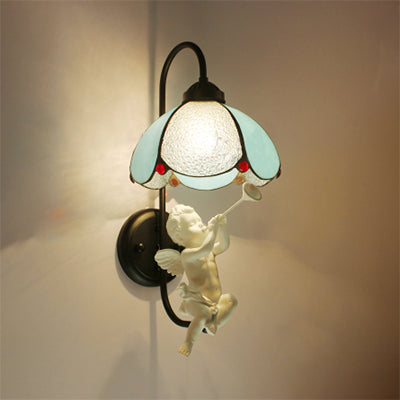 Blue Petal Wall Light Fixture Tiffany 1 Head Stained Glass Sconce Light with Bird/Trumpet/Violin Decoration Blue Trumpet Clearhalo 'Industrial' 'Middle century wall lights' 'Tiffany wall lights' 'Tiffany' 'Wall Lamps & Sconces' 'Wall Lights' Lighting' 25765