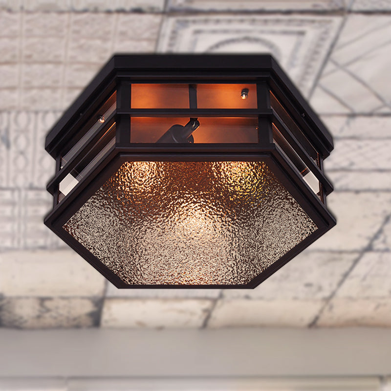 Metal Hexagon Shaped Flush Light Farmhouse 2/3 Lights Black Ceiling Flush Mount with Frosted Glass Diffuser, 14"/17" W Clearhalo 'Ceiling Lights' 'Close To Ceiling Lights' 'Close to ceiling' 'Flush mount' 'Industrial Flush Mount' Lighting' 257657