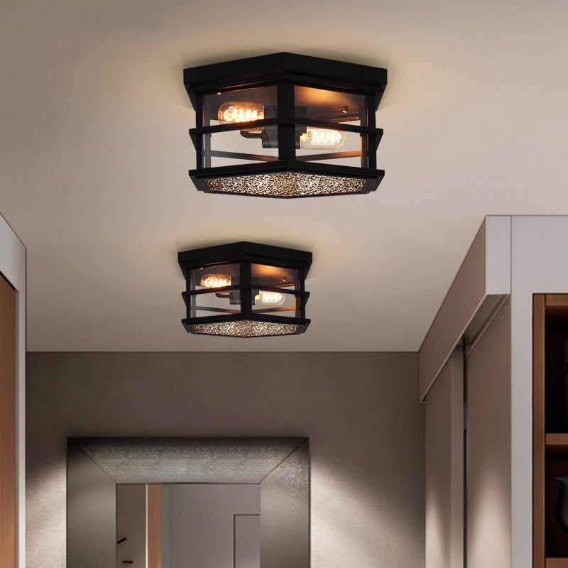 Metal Hexagon Shaped Flush Light Farmhouse 2/3 Lights Black Ceiling Flush Mount with Frosted Glass Diffuser, 14"/17" W Clearhalo 'Ceiling Lights' 'Close To Ceiling Lights' 'Close to ceiling' 'Flush mount' 'Industrial Flush Mount' Lighting' 257659