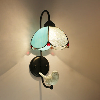 Blue Petal Wall Light Fixture Tiffany 1 Head Stained Glass Sconce Light with Bird/Trumpet/Violin Decoration Blue Bird Clearhalo 'Industrial' 'Middle century wall lights' 'Tiffany wall lights' 'Tiffany' 'Wall Lamps & Sconces' 'Wall Lights' Lighting' 25766