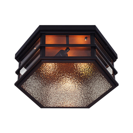 Metal Hexagon Shaped Flush Light Farmhouse 2/3 Lights Black Ceiling Flush Mount with Frosted Glass Diffuser, 14"/17" W Clearhalo 'Ceiling Lights' 'Close To Ceiling Lights' 'Close to ceiling' 'Flush mount' 'Industrial Flush Mount' Lighting' 257660