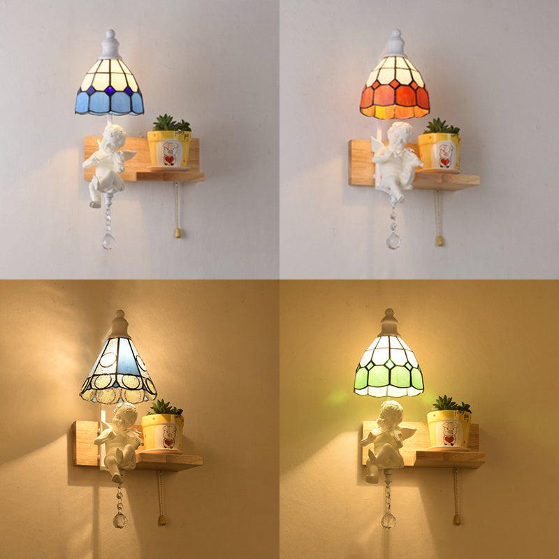 Tiffany Scalloped Wall Mount Fixture Stained Glass 1 Light Wall Sconce with Cupid Decoration in Yellow/Orange/Green/Clear/Blue Clearhalo 'Industrial' 'Middle century wall lights' 'Tiffany wall lights' 'Tiffany' 'Wall Lamps & Sconces' 'Wall Lights' Lighting' 25767