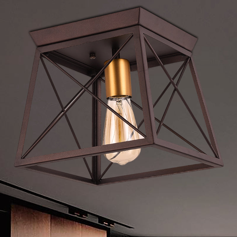 Metal Squared Frame Flush Light Industrial Style 2 Bulbs Coffee Ceiling Light Fixture for Restaurant, 10"/12" Wide Clearhalo 'Ceiling Lights' 'Close To Ceiling Lights' 'Close to ceiling' 'Flush mount' 'Industrial Flush Mount' Lighting' 257683