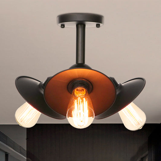 3 Heads Indoor Semi Flush Ceiling Light Vintage Style Black Ceiling Flush Mount with Cone/Saucer Metallic Shade Black Saucer Clearhalo 'Ceiling Lights' 'Close To Ceiling Lights' 'Close to ceiling' 'Semi-flushmount' Lighting' 257711