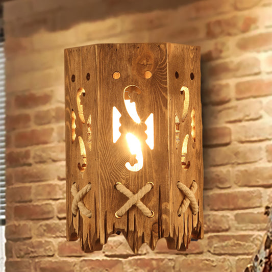 Wood Cylinder Shade Wall Lamp Country Stylish 1 Head Brown Wall Sconce Fixture for Restaurant Clearhalo 'Industrial wall lights' 'Industrial' 'Middle century wall lights' 'Rustic wall lights' 'Tiffany' 'Wall Lamps & Sconces' 'Wall Lights' Lighting' 257768