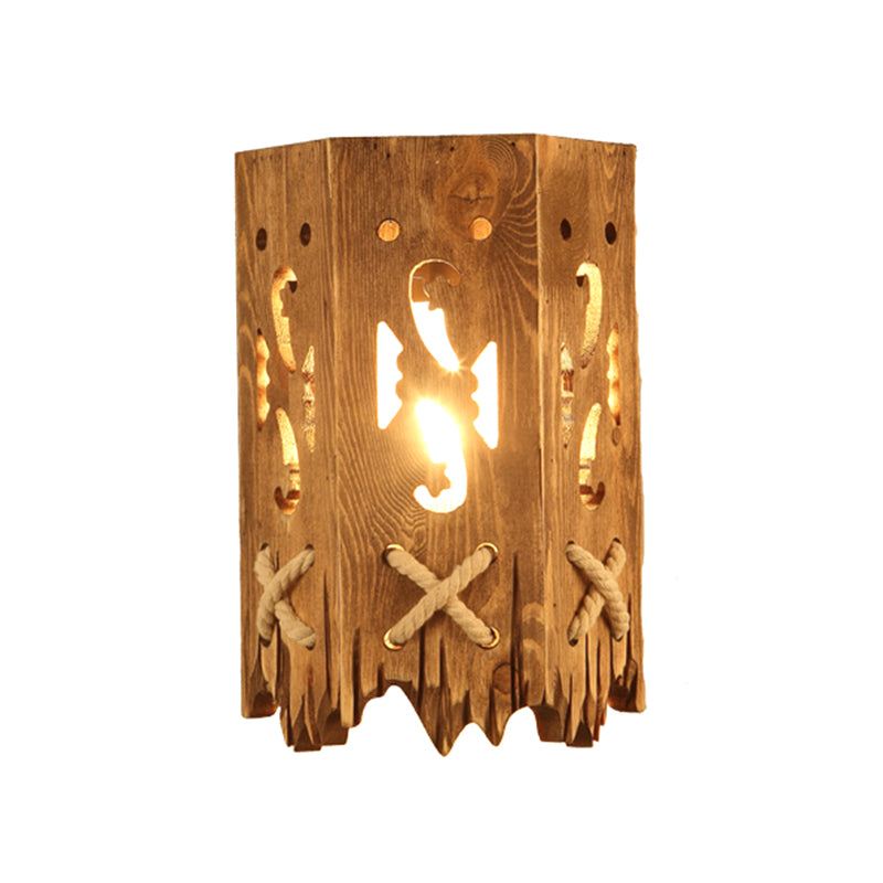Wood Cylinder Shade Wall Lamp Country Stylish 1 Head Brown Wall Sconce Fixture for Restaurant Clearhalo 'Industrial wall lights' 'Industrial' 'Middle century wall lights' 'Rustic wall lights' 'Tiffany' 'Wall Lamps & Sconces' 'Wall Lights' Lighting' 257771