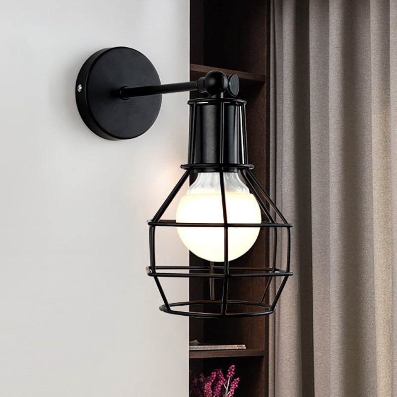 Globe Bedroom Wall Sconce Lamp Metal 1 Head Industrial Style Rotatable Wall Light with Wire Guard in Black Clearhalo 'Art deco wall lights' 'Cast Iron' 'Glass' 'Industrial wall lights' 'Industrial' 'Middle century wall lights' 'Modern' 'Rustic wall lights' 'Tiffany' 'Traditional wall lights' 'Wall Lamps & Sconces' 'Wall Lights' Lighting' 257794