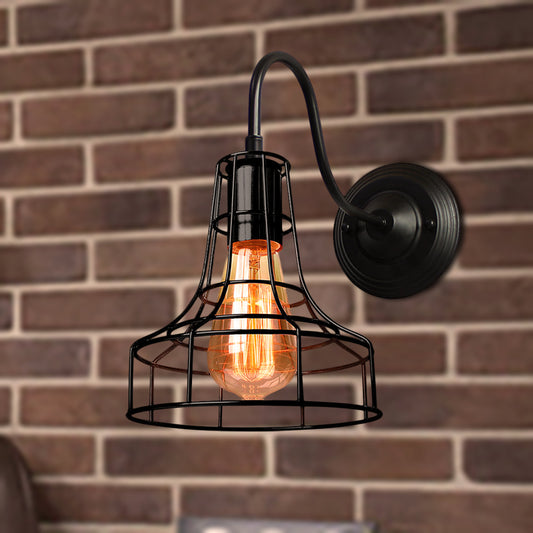 Metal Barn Wall Light Sconce Industrial Style 1 Bulb Black Wall Mounted Lamp with Wire Frame and Gooseneck Arm Black Clearhalo 'Art deco wall lights' 'Cast Iron' 'Glass' 'Industrial wall lights' 'Industrial' 'Middle century wall lights' 'Modern' 'Rustic wall lights' 'Tiffany' 'Traditional wall lights' 'Wall Lamps & Sconces' 'Wall Lights' Lighting' 257804