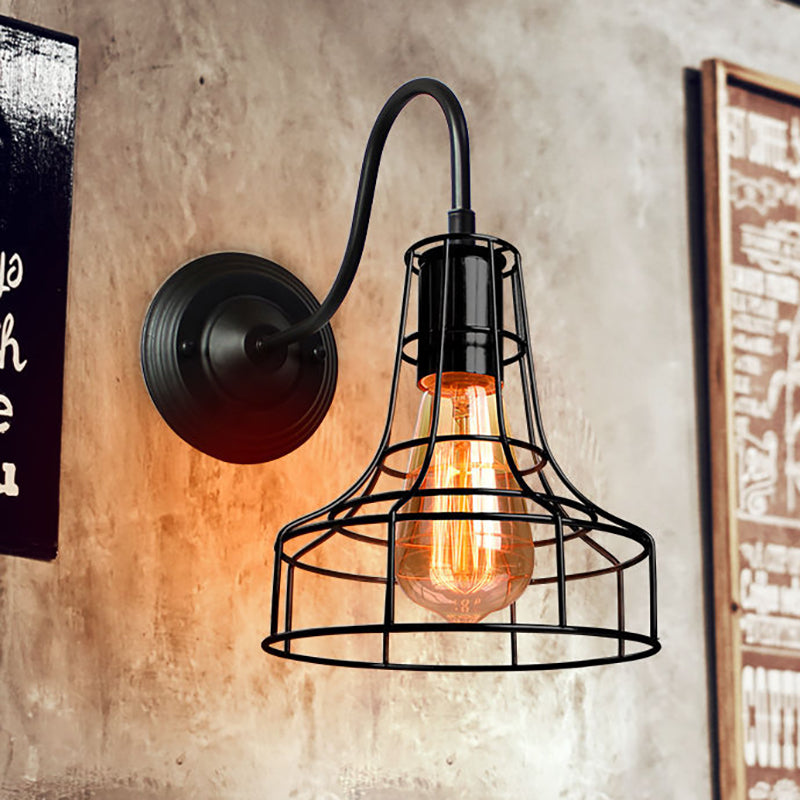Metal Barn Wall Light Sconce Industrial Style 1 Bulb Black Wall Mounted Lamp with Wire Frame and Gooseneck Arm Clearhalo 'Art deco wall lights' 'Cast Iron' 'Glass' 'Industrial wall lights' 'Industrial' 'Middle century wall lights' 'Modern' 'Rustic wall lights' 'Tiffany' 'Traditional wall lights' 'Wall Lamps & Sconces' 'Wall Lights' Lighting' 257805
