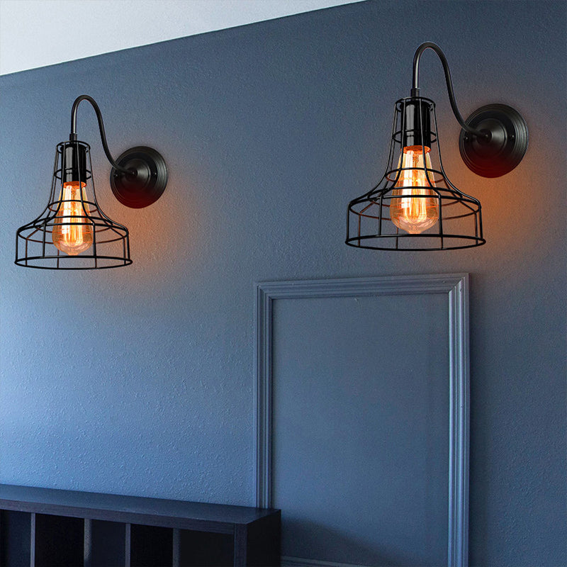 Metal Barn Wall Light Sconce Industrial Style 1 Bulb Black Wall Mounted Lamp with Wire Frame and Gooseneck Arm Clearhalo 'Art deco wall lights' 'Cast Iron' 'Glass' 'Industrial wall lights' 'Industrial' 'Middle century wall lights' 'Modern' 'Rustic wall lights' 'Tiffany' 'Traditional wall lights' 'Wall Lamps & Sconces' 'Wall Lights' Lighting' 257806