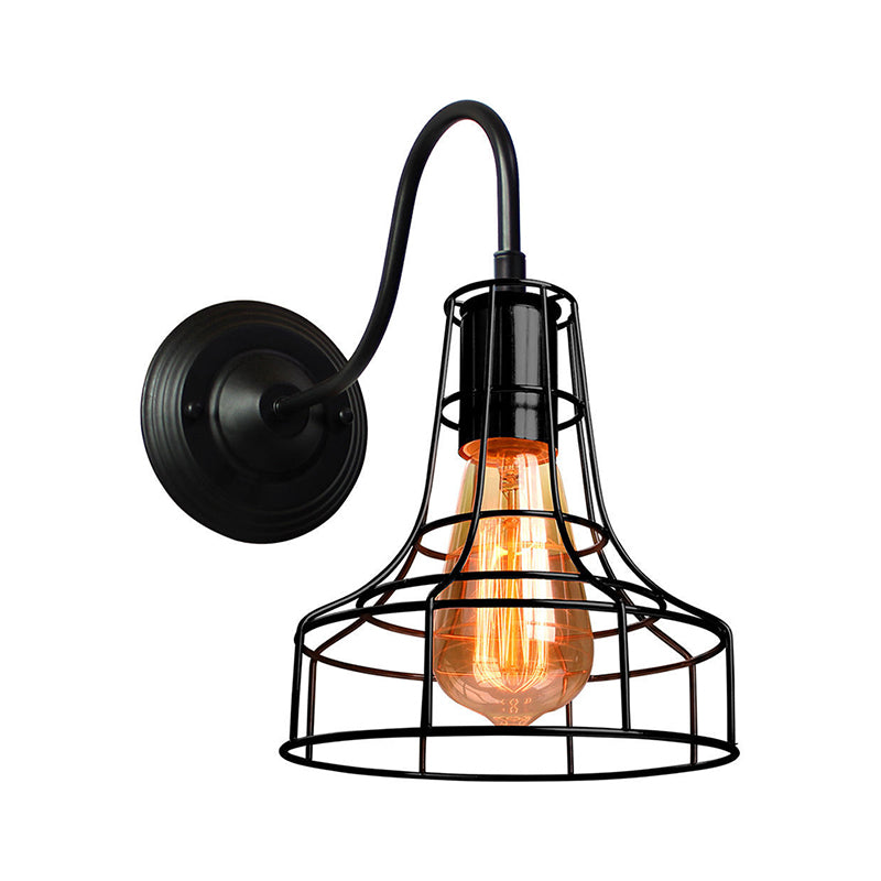 Metal Barn Wall Light Sconce Industrial Style 1 Bulb Black Wall Mounted Lamp with Wire Frame and Gooseneck Arm Clearhalo 'Art deco wall lights' 'Cast Iron' 'Glass' 'Industrial wall lights' 'Industrial' 'Middle century wall lights' 'Modern' 'Rustic wall lights' 'Tiffany' 'Traditional wall lights' 'Wall Lamps & Sconces' 'Wall Lights' Lighting' 257807