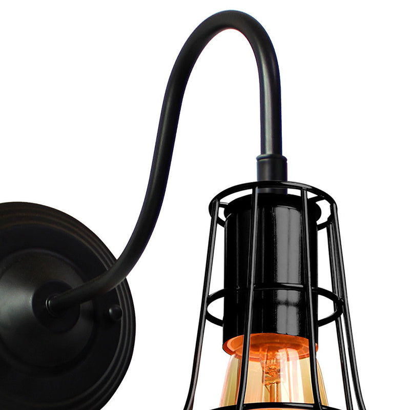 Metal Barn Wall Light Sconce Industrial Style 1 Bulb Black Wall Mounted Lamp with Wire Frame and Gooseneck Arm Clearhalo 'Art deco wall lights' 'Cast Iron' 'Glass' 'Industrial wall lights' 'Industrial' 'Middle century wall lights' 'Modern' 'Rustic wall lights' 'Tiffany' 'Traditional wall lights' 'Wall Lamps & Sconces' 'Wall Lights' Lighting' 257808