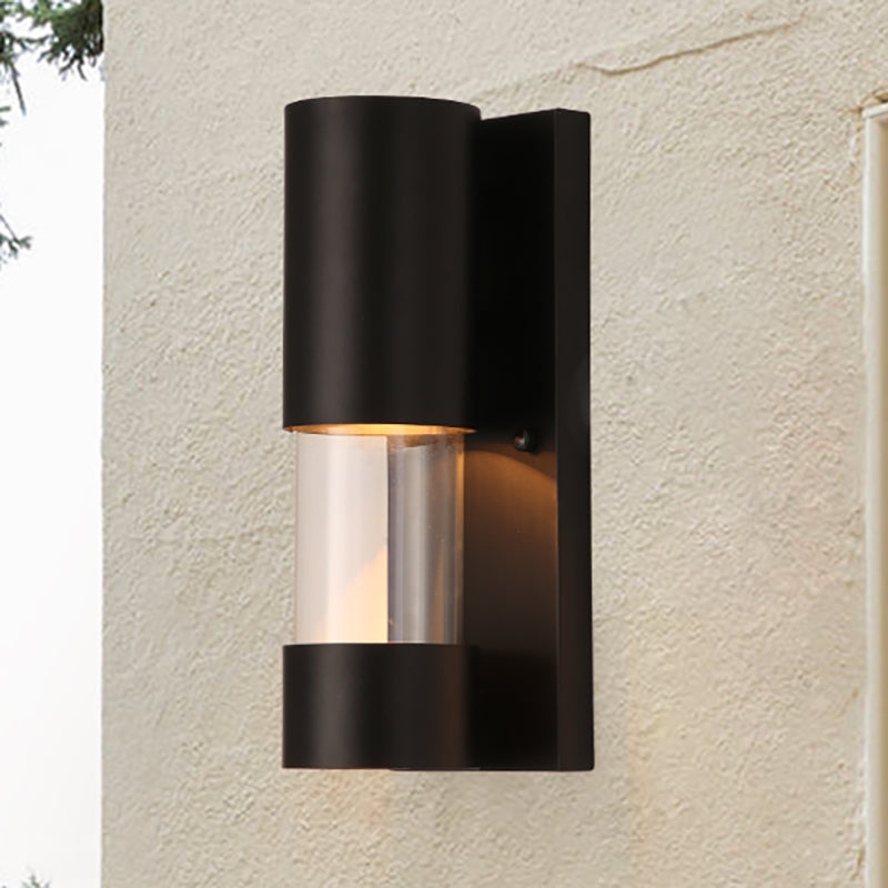 Black Cylindrical Wall Mount Light Industrial Style 1 Bulb Metallic and Clear Glass Wall Sconce for Hallway Black Clearhalo 'Art deco wall lights' 'Cast Iron' 'Glass' 'Industrial wall lights' 'Industrial' 'Middle century wall lights' 'Modern' 'Rustic wall lights' 'Tiffany' 'Traditional wall lights' 'Wall Lamps & Sconces' 'Wall Lights' Lighting' 257837