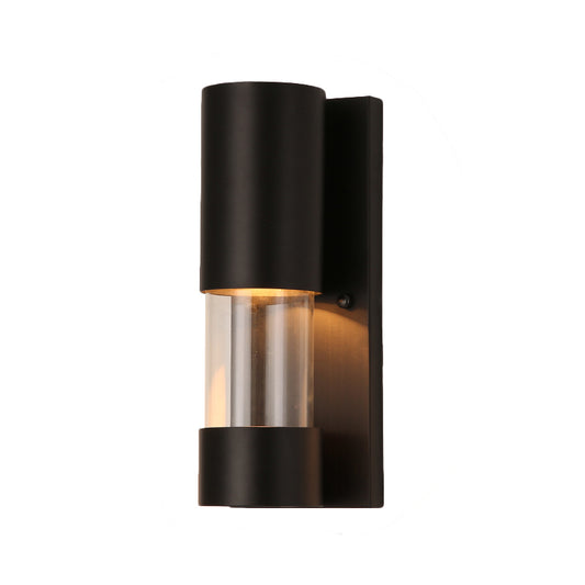 Black Cylindrical Wall Mount Light Industrial Style 1 Bulb Metallic and Clear Glass Wall Sconce for Hallway Clearhalo 'Art deco wall lights' 'Cast Iron' 'Glass' 'Industrial wall lights' 'Industrial' 'Middle century wall lights' 'Modern' 'Rustic wall lights' 'Tiffany' 'Traditional wall lights' 'Wall Lamps & Sconces' 'Wall Lights' Lighting' 257840