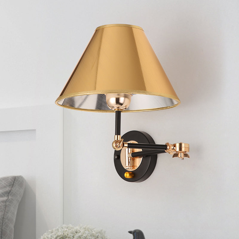 Cone Shade Bedroom Wall Light Fixture Metal 1 Head Industrial Stylish Wall Sconce Lamp with Swing Arm in Gold Gold Clearhalo 'Art deco wall lights' 'Cast Iron' 'Glass' 'Industrial wall lights' 'Industrial' 'Middle century wall lights' 'Modern' 'Rustic wall lights' 'Tiffany' 'Traditional wall lights' 'Wall Lamps & Sconces' 'Wall Lights' Lighting' 257852